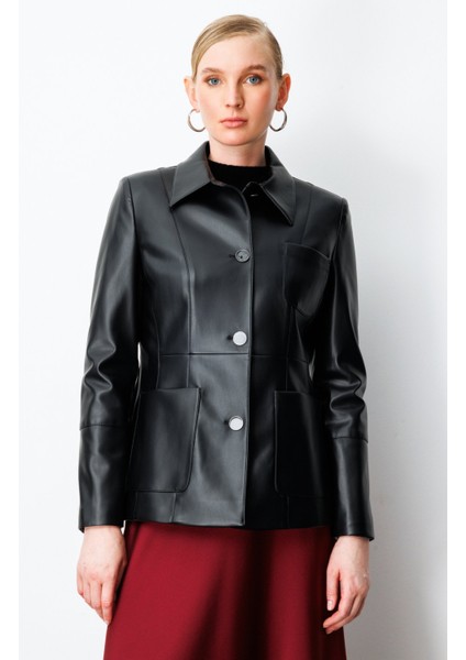 Kadın Torba Cepli Deri Ceket 5083 Siyah