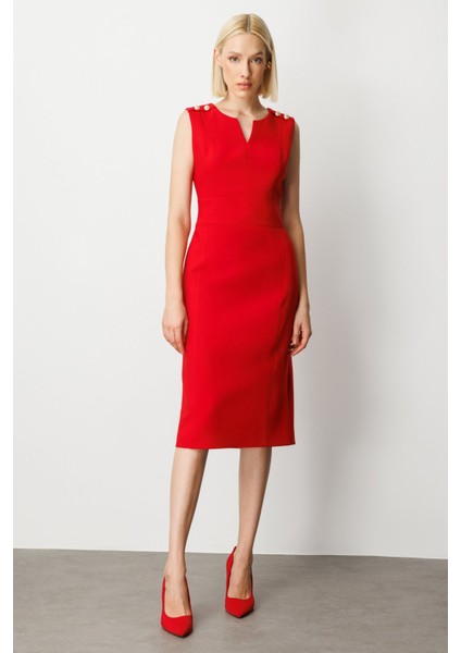 Kadın Süs Düğme Detaylı Kolsuz Elbise 4015 Kırmızı fiyatları