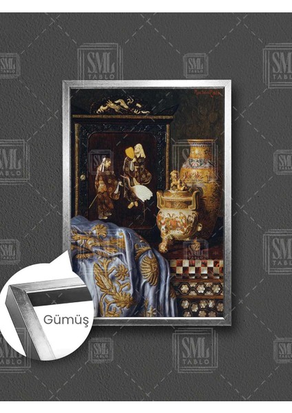 Antika Eşyalar Işlemeli Vazo ve Yorgan Max Schodl Dekor Çerçeveli Dikey Kanvas Tablo