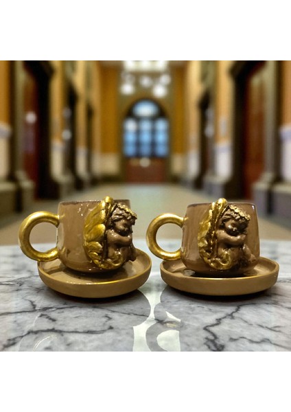 4 Parça Melekli Yaldızlı 3D Kabartmalı El Yapımı Seramik Vintage Kahve Fincanı modelleri