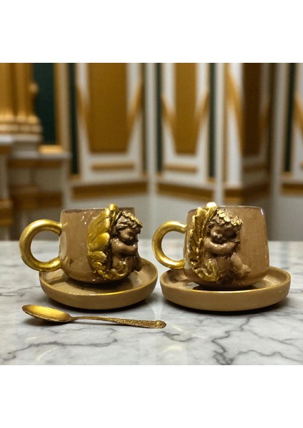 4 Parça Melekli Yaldızlı 3D Kabartmalı El Yapımı Seramik Vintage Kahve Fincanı indirimleri