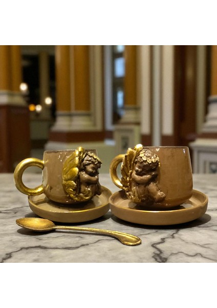 4 Parça Melekli Yaldızlı 3D Kabartmalı El Yapımı Seramik Vintage Kahve Fincanı