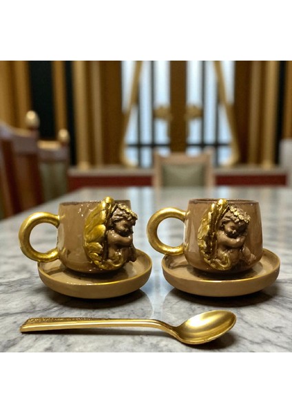 4 Parça Melekli Yaldızlı 3D Kabartmalı El Yapımı Seramik Vintage Kahve Fincanı