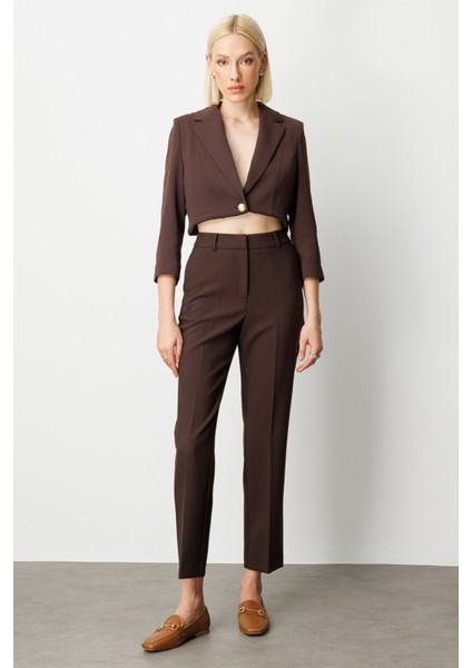 Kadın Yan Cepli Boru Paça Pantolon 5015 Kahverengi