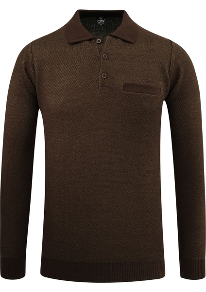Erkek Polo Yaka Kazak Cepli Pike Desen Çelik Örgü Klasik Kalıp - 5214F