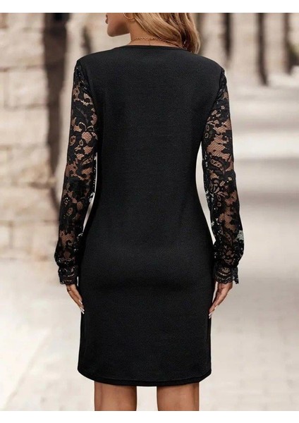 Kadın Uzun Kollu V Lazer Kesim Detaylı Kısa Ithal Krep Elbise indirimleri