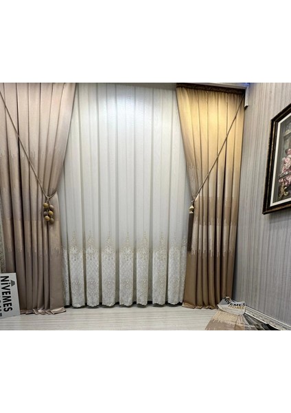 Nivemeshome Lal Gold Detaylı 2843 1/3 Sık Pileli Tül Perde Apm