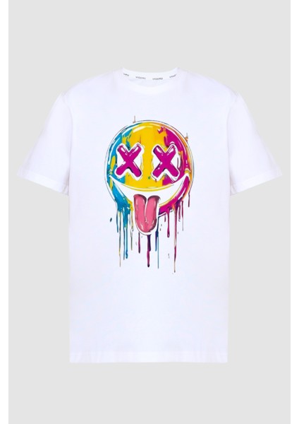 Renkli Smile Baskılı %100 Pamuk Bisiklet Yaka Basic T-Shirt