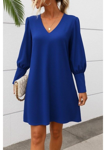 Kadın Uzun Kollu V Yakalı Kısa Ithal Krep Elbise modelleri