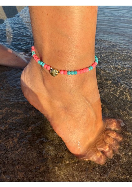 Midye Charmlı Mavi-Somon Boncuklu Halhal