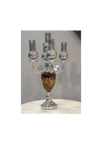 Mim Gümüş 5 Kollu Dekorcamlı Şamdan