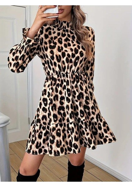 Kadın Uzun Kollu Yarı Balıkçı Yaka Leopar Desenli Modal Mini Elbise fırsatları