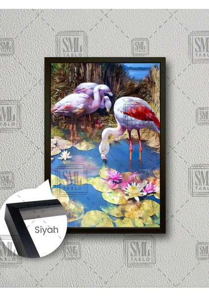 Gölde Su Içen Pembe Flamingolar Nilüfer Çiçekleri Çerçeveli Dikey Kanvas Tablo