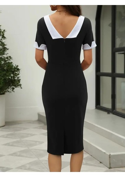 Kadın Kısa Kollu Kayık Yaka Arkadan Yakalı Ithal Krep Elbise modelleri