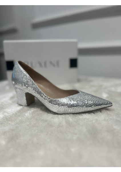 Dora Gold - Gümüş Yılan Derisi Desenli Kalın Topuklu 5 cm Sivri Burun Topuklu Ayakkabı fırsatları