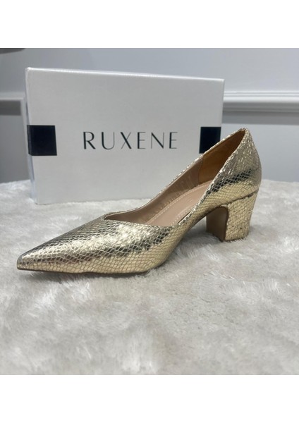Dora Gold - Gümüş Yılan Derisi Desenli Kalın Topuklu 5 cm Sivri Burun Topuklu Ayakkabı fiyatları