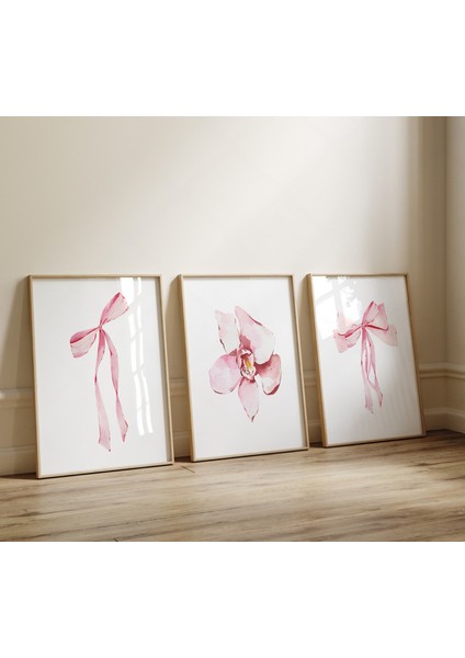 (Çerçevesiz) Pembe Fiyonk Tasarımlı Minimalist 3lü Poster Seti Çerçevesiz Poster Seti