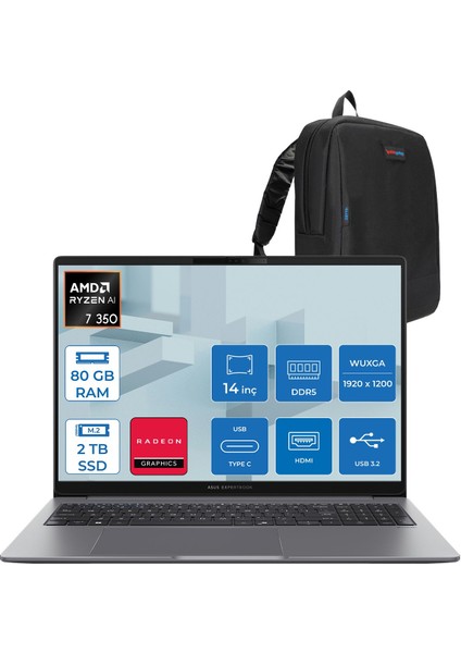 Expertbook P3 PM3406CKA Ryzen Aı 7-350 80GB Ddr5 2tb SSD Radeon 860M 14.0-Inch, Wuxga (1920 x 1200) 300NITS Freedos Taşınabilir Bilgisayar PM3406CKAF24+ZETTAÇANTA