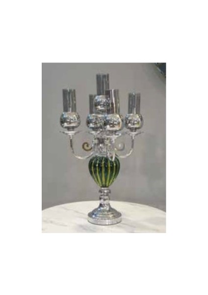 Mim Gümüş - Yeşil 5 Kollu Dekorcamlı Şamdan