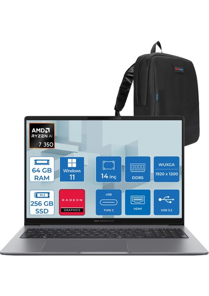 Expertbook P3 PM3406CKA Ryzen Aı 7-350 64GB Ddr5 256GB SSD Radeon 860M 14.0-Inch, Wuxga (1920 x 1200) 300NITS Windows 11 Home Taşınabilir Bilgisayar PM3406CKAH16+ZETTAÇANTA