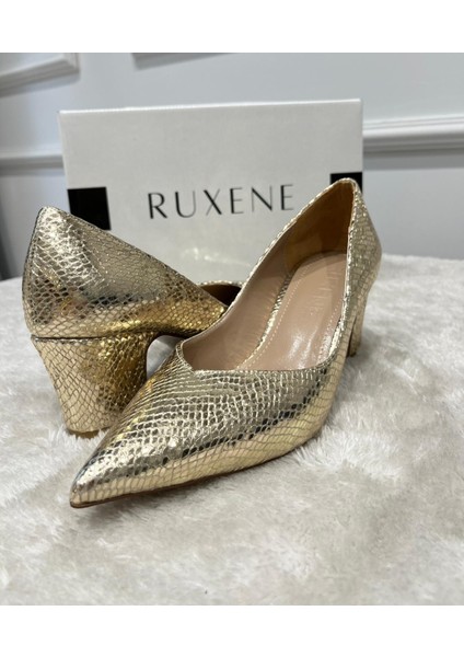 Dora Gold - Gümüş Yılan Derisi Desenli Kalın Topuklu 5 cm Sivri Burun Topuklu Ayakkabı fırsatları