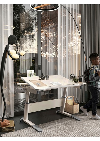 Sirius Simple Ergonomik Çocuk Masası Yükseklik Ayarlı ve Eğimli Modern Masa - 120x75 Cm, Ekru/Gri