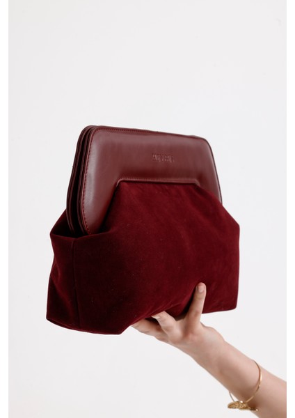Kadın Bordo Deri Detaylı Süet Clutch El Çantası