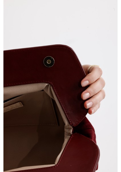Kadın Bordo Deri Detaylı Süet Clutch El Çantası