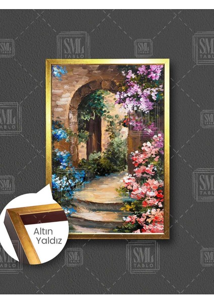 Tarihi Taş Merdivene Sarılı Renkli Sarmaşık Çiçekler Çerçeveli Dikey Kanvas Tablo