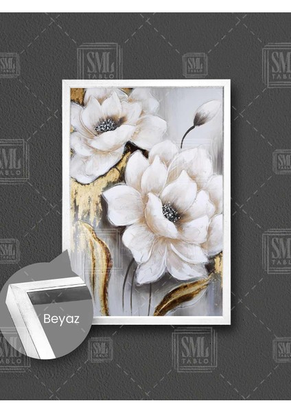 Gold Yapraklı Beyaz Büyük Çiçek Tomurcuk Altın Dekor Çerçeveli Dikey Kanvas Tablo