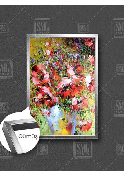 Beyaz Vazoda Gelincik Demeti Sıçrayan Boyalar Modern Çerçeveli Dikey Kanvas Tablo