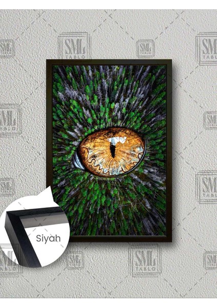 Yeşil Orman Sarı Kedi Gözü Doğanın Gözü Çerçeveli Dikey Kanvas Tablo
