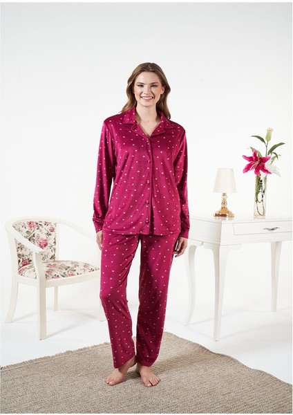 Puantiyeli Önden Düğmeli Kadife Bayan Pijama Takım