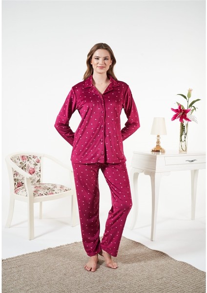 Puantiyeli Önden Düğmeli Kadife Bayan Pijama Takım modelleri