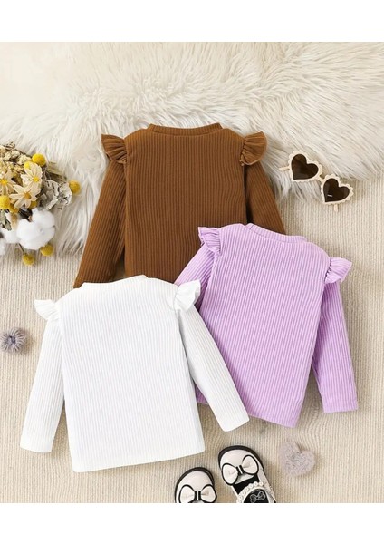 3lü Kız Çocuk Omzu Fırfır Detaylı Uzun Kollu Bluz fiyatları