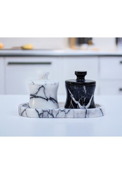 Venia - 2'li Mermer Özel Tasarım Baharat Seti - Tepsi Dahildir - 2 Farklı Boy Seçeneği - El Işçiliği Mermer Kavanoz Seti