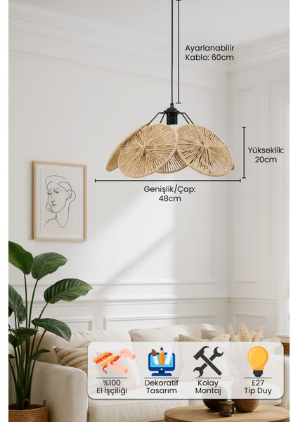 Boho Yemek Masası Üstü Sarkıt Avize | El Yapımı Örgü Natural Kağıt Ip Tasarım | Mutfak & Salon Aydınlatması modelleri