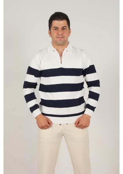 3003 Yakası Fermuarlı Yakalı Çizgili Kazak