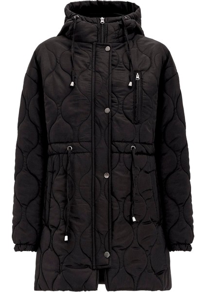 Kapüşonlu Beli Bağcıklı Kısa Kapitone Mont Siyah 6777