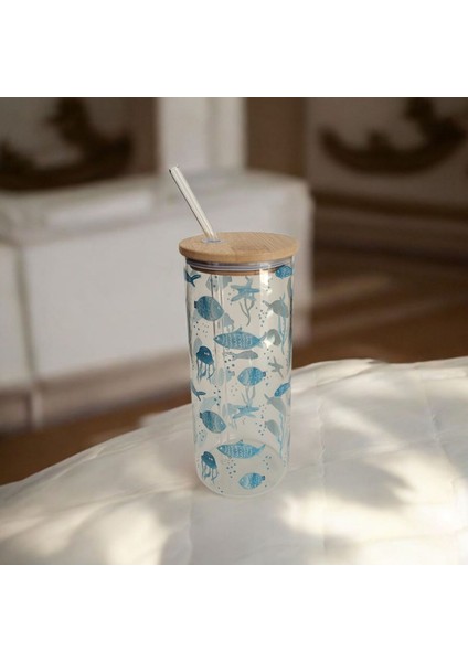 Bambu Kapaklı Cam Pipetli Kupa 650 ml | M1