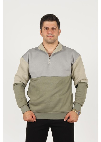 5719 Dik Yaka Yarım Fermuarlı Parçalı Üç Iplik Şardonlu Sweat