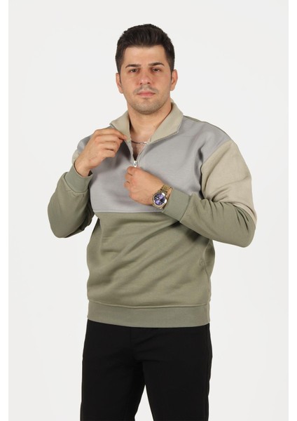 5719 Dik Yaka Yarım Fermuarlı Parçalı Üç Iplik Şardonlu Sweat