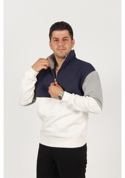 5719 Dik Yaka Yarım Fermuarlı Parçalı Üç Iplik Şardonlu Sweat