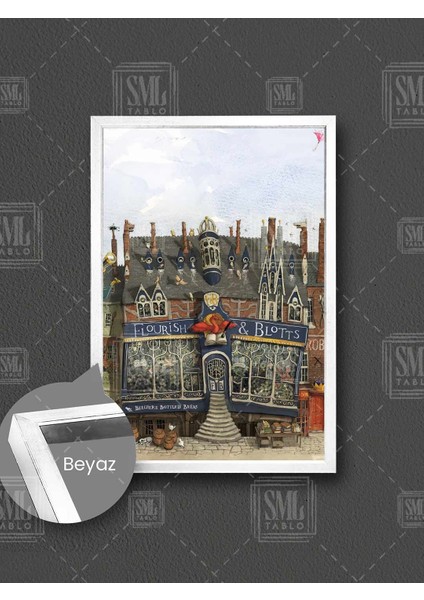Harry Potter Kitapçı Dükkanı Flourish And Blotts Büyücülük Okulu Çerçeveli Dikey Kanvas Tablo