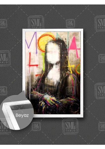 Mona Lisa Sokak Sanatı Renkli Sprey Boya Leonardo Da Vinci Çerçeveli Dikey Kanvas Tablo