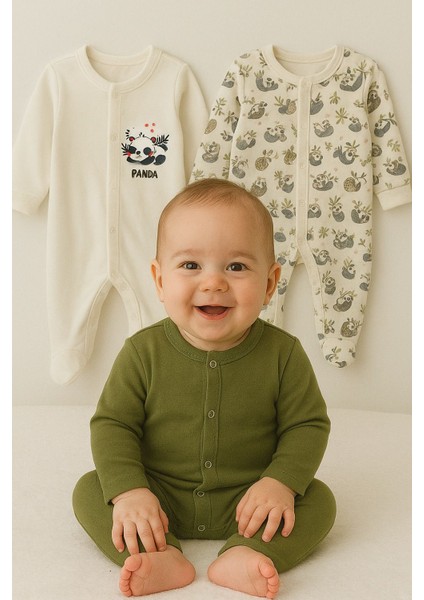 Tuembaby %100PAMUK Panda Desenli Uzun Kollu Patikli Cıtcıtlı Erkek Bebek 3'lü Tulum