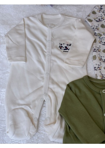 Tuembaby %100PAMUK Panda Desenli Uzun Kollu Patikli Cıtcıtlı Erkek Bebek 3'lü Tulum