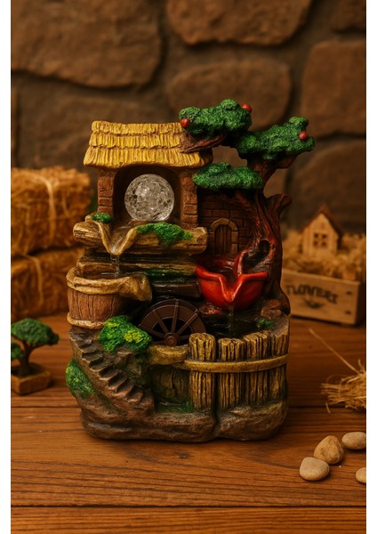 Rustik Köy Evi Temalı LED Işıklı Su Değirmeni Dekoratif Şelale- E