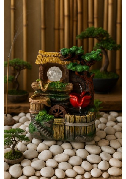 Rustik Köy Evi Temalı LED Işıklı Su Değirmeni Dekoratif Şelale- E fiyatları