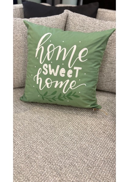 Home Sweet Yeşil / Çift Tarafı Baskılı Evelyn Süet Kırlent Kılıfı 43 x 43